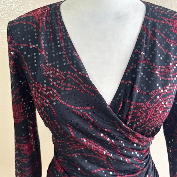 JBS Vintage 90s Black Floral Faux Wrap Sequin Blouse Top - Picture 2 of 5